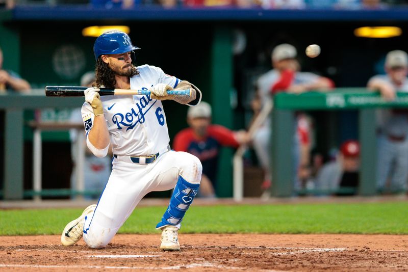 May 17, 2025; Kansas City, Missouri, USA; Kansas City Royals third base Jonathan India (6) looks to bunt during the eighth inning against the St. Louis Cardinals at Kauffman Stadium. Mandatory Credit: William Purnell-Imagn Images