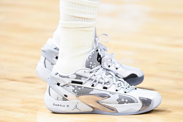 SALT LAKE CITY, UTAH - JANUARY 01: A detail view of Luka Doncic #77 of the Dallas Mavericks' shoes in the game against the Utah Jazz at Delta Center on January 01, 2024 in Salt Lake City, Utah. NOTE TO USER: User expressly acknowledges and agrees that, by downloading and or using this photograph, User is consenting to the terms and conditions of the Getty Images License Agreement. (Photo by Alex Goodlett/Getty Images)