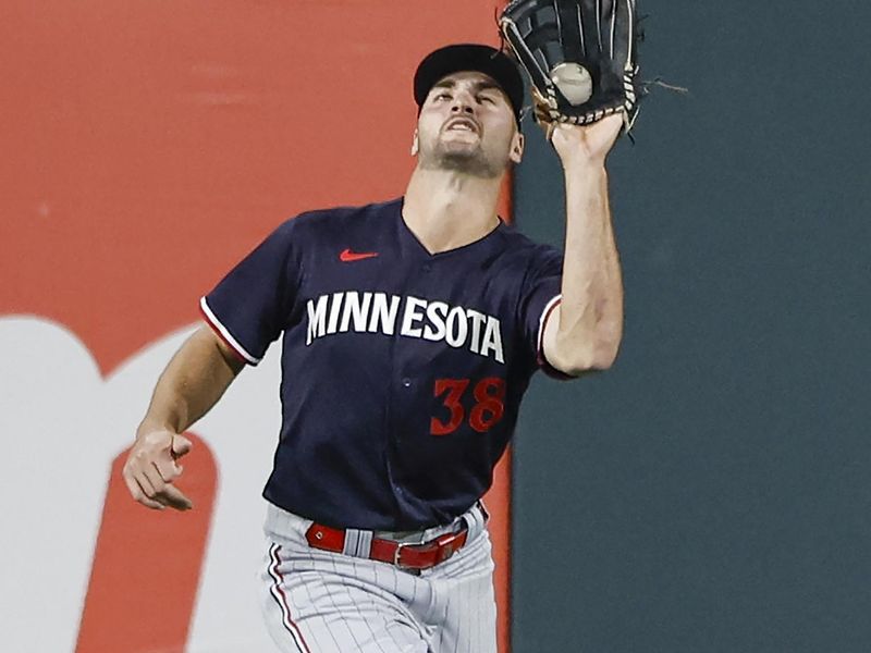 Sep 16, 2023; Chicago, Illinois, USA; Minnesota Twins right fielder Matt Wallner (38) catches a fly ball during the sixth inning at Guaranteed Rate Field. Mandatory Credit: Kamil Krzaczynski-USA TODAY Sports