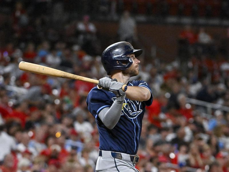 Aug 8, 2024; St. Louis, Missouri, USA;  Tampa Bay Rays second baseman Brandon Lowe (8) hits a two run home run against the St. Louis Cardinals during the seventh inning at Busch Stadium. Mandatory Credit: Jeff Curry-USA TODAY Sports