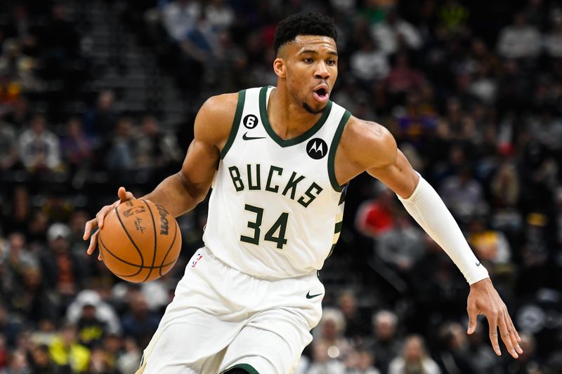 SALT LAKE CITY, UTAH - MARCH 24: Giannis Antetokounmpo #34 of the Milwaukee Bucks in action during the first half of a game against the Utah Jazz at Vivint Arena on March 24, 2023 in Salt Lake City, Utah. NOTE TO USER: User expressly acknowledges and agrees that, by downloading and or using this photograph, User is consenting to the terms and conditions of the Getty Images License Agreement.  (Photo by Alex Goodlett/Getty Images)