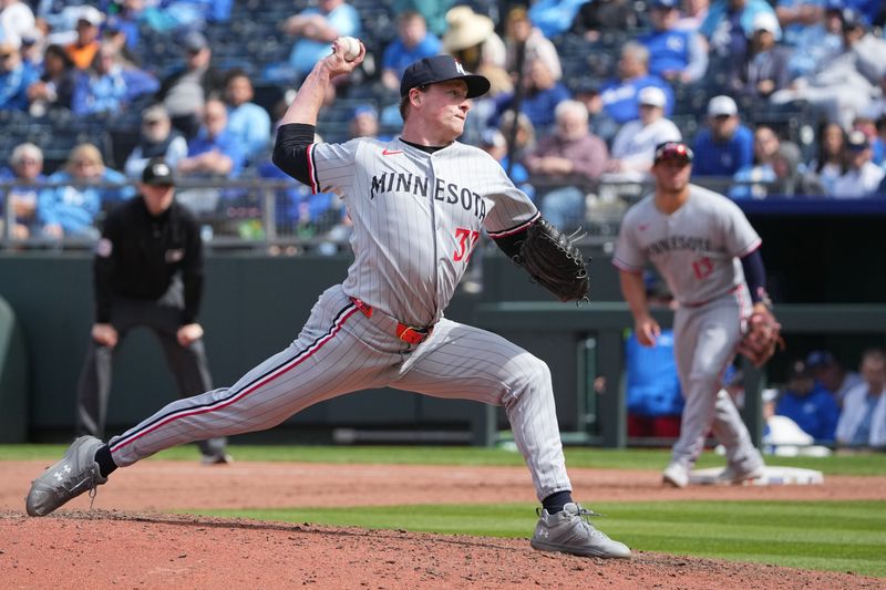 Apr 10, 2025; Kansas City, Missouri, USA; Minnesota Twins pitcher Louis Varland (37) delivers a pitch against the Kansas City Royals in the eighth inning at Kauffman Stadium. Mandatory Credit: Denny Medley-Imagn Images