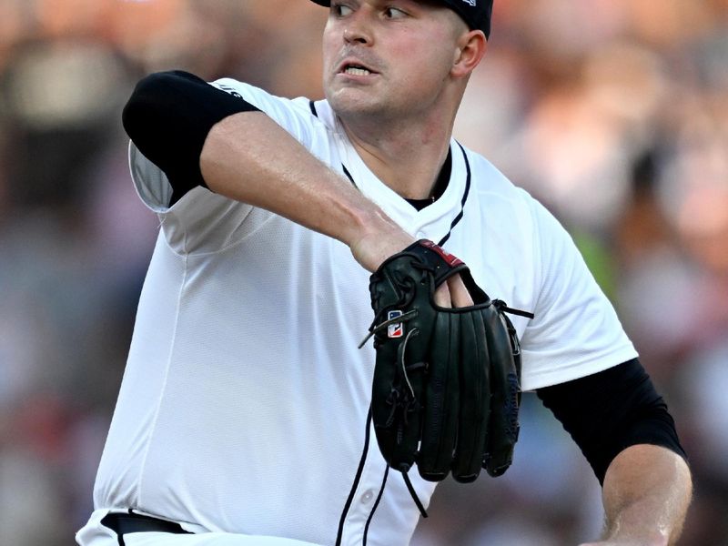 Jun 29, 2025; Detroit, Michigan, USA; Detroit Tigers starting pitcher Tarik Skubal (29) throws a pitch against the Minnesota Twins in the fourth inning at Comerica Park. Mandatory Credit: Lon Horwedel-Imagn Images