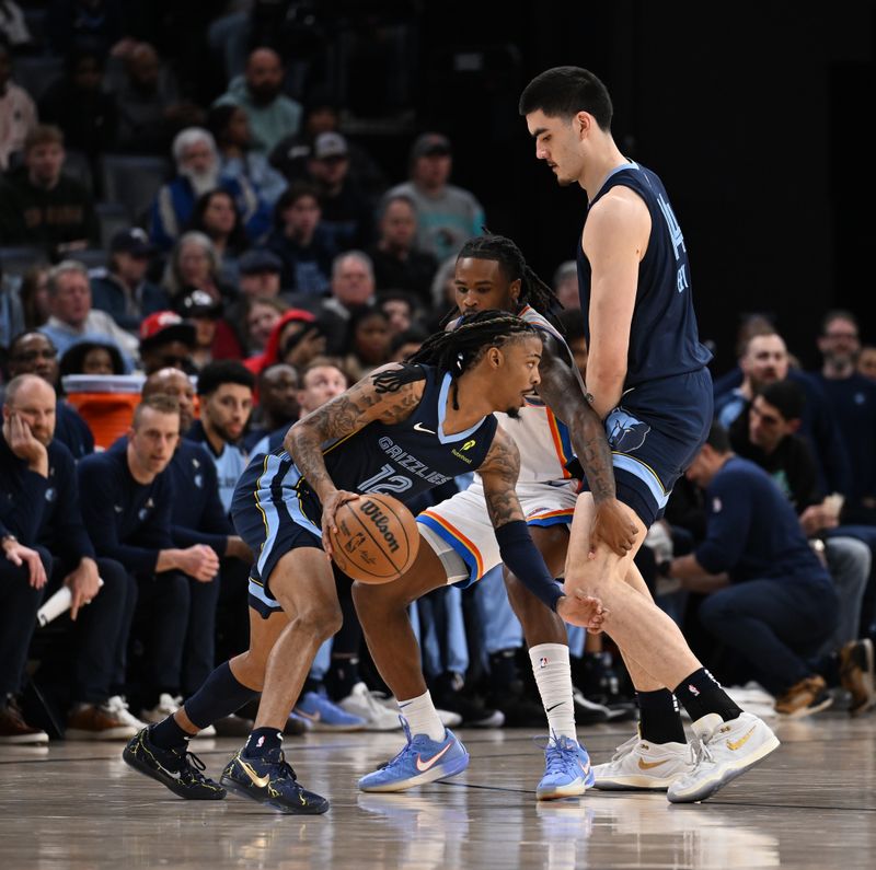 MEMPHIS, TN - MARCH 5:  Ja Morant #12 of the Memphis Grizzlies dribbles the ball during the game against the Oklahoma City Thunder on March  5, 2025 at FedExForum in Memphis, Tennessee. NOTE TO USER: User expressly acknowledges and agrees that, by downloading and or using this photograph, User is consenting to the terms and conditions of the Getty Images License Agreement. Mandatory Copyright Notice: Copyright 2025 NBAE (Photo by Grant Burke/NBAE via Getty Images)