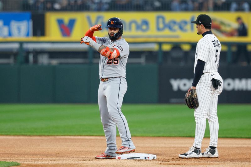 Jun 4, 2025; Chicago, Illinois, USA; Detroit Tigers second baseman Gleyber Torres (25) celebrates after hitting a double against the Chicago White Sox during the first inning at Rate Field. Mandatory Credit: Kamil Krzaczynski-Imagn Images