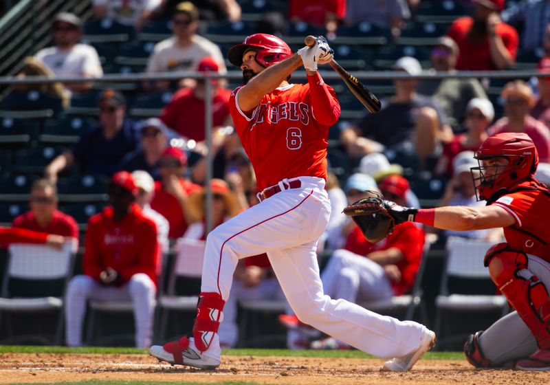 Mar 19, 2024; Tempe, Arizona, USA; Los Angeles Angels third baseman Anthony Rendon against the Cincinnati Reds during a spring training game at Tempe Diablo Stadium. Mandatory Credit: Mark J. Rebilas-USA TODAY Sports