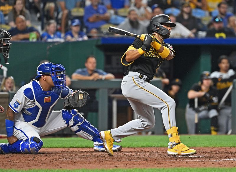 Aug 28, 2023; Kansas City, Missouri, USA;  Pittsburgh Pirates left fielder Joshua Palacios (54) hits an RBI single in the seventh inning against the Kansas City Royals at Kauffman Stadium. Mandatory Credit: Peter Aiken-USA TODAY Sports