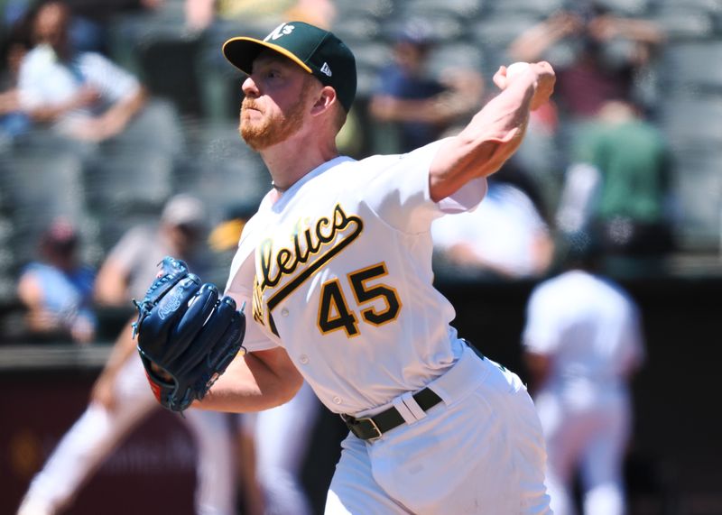 Jun 15, 2023; Oakland, California, USA; Oakland Athletics pitcher Richard Lovelady (45) pitches the ball against the Tampa Bay Rays during the sixth inning at Oakland-Alameda County Coliseum. Mandatory Credit: Kelley L Cox-USA TODAY Sports