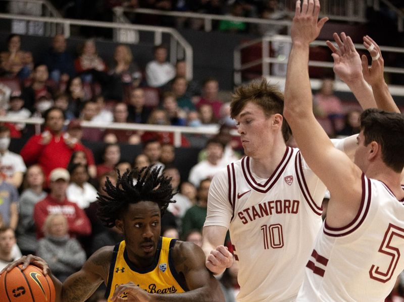 Jan 28, 2023; Stanford, California, USA; California Golden Bears guard Joel Brown (1) looks to pass around the double-team of Stanford Cardinal forward Max Murrell (10) and guard Michael O'Connell (5) during the first half at Maples Pavilion. Mandatory Credit: D. Ross Cameron-USA TODAY Sports