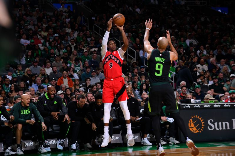 BOSTON, MA - NOVEMBER 16: RJ Barrett #9 of the Toronto Raptors shoots the ball during the game against the Boston Celtics on November 16, 2024 at TD Garden in Boston, Massachusetts. NOTE TO USER: User expressly acknowledges and agrees that, by downloading and/or using this Photograph, user is consenting to the terms and conditions of the Getty Images License Agreement. Mandatory Copyright Notice: Copyright 2024 NBAE (Photo by Brian Babineau/NBAE via Getty Images)