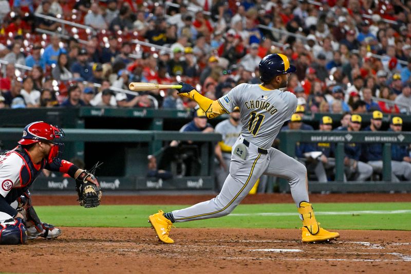 Aug 21, 2024; St. Louis, Missouri, USA;  Milwaukee Brewers left fielder Jackson Chourio (11) hits a two run single against the St. Louis Cardinals during the seventh inning at Busch Stadium. Mandatory Credit: Jeff Curry-USA TODAY Sports