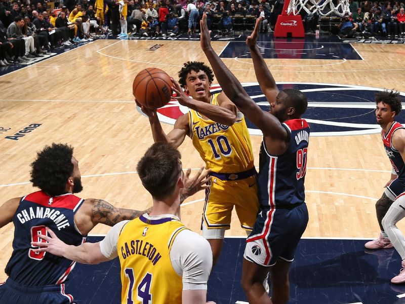 WASHINGTON, DC -? APRIL 4: Max Christie #10 of the Los Angeles Lakers drives to the basket during the game against the Washington Wizards on April 4, 2024 at Capital One Arena in Washington, DC. NOTE TO USER: User expressly acknowledges and agrees that, by downloading and or using this Photograph, user is consenting to the terms and conditions of the Getty Images License Agreement. Mandatory Copyright Notice: Copyright 2024 NBAE (Photo by Kenny Giarla/NBAE via Getty Images)