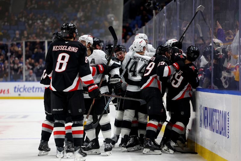 Jan 29, 2026; Buffalo, New York, USA;  The Buffalo Sabres and the Los Angeles Kings get in to a scrum after the whistle during the third period at KeyBank Center. Mandatory Credit: Timothy T. Ludwig-Imagn Images