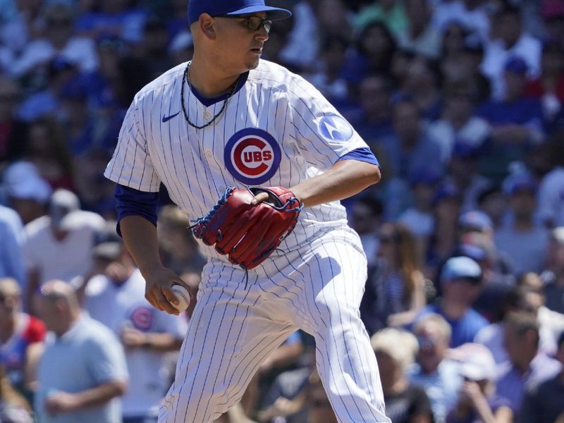 Aug 7, 2024; Chicago, Illinois, USA; Chicago Cubs pitcher Javier Assad (72) throws against the Minnesota Twins during the first inning at Wrigley Field. Mandatory Credit: David Banks-USA TODAY Sports