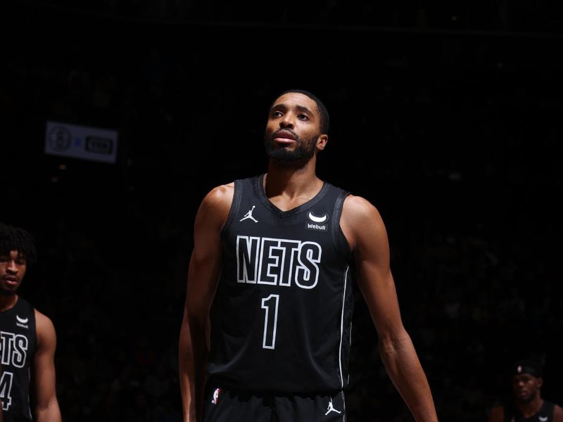 BROOKLYN, NY - JANUARY 5: Mikal Bridges #1 of the Brooklyn Nets shoots a free throw during the game on January 5, 2024 at Barclays Center in Brooklyn, New York. NOTE TO USER: User expressly acknowledges and agrees that, by downloading and or using this Photograph, user is consenting to the terms and conditions of the Getty Images License Agreement. Mandatory Copyright Notice: Copyright 2024 NBAE (Photo by Nathaniel S. Butler/NBAE via Getty Images)