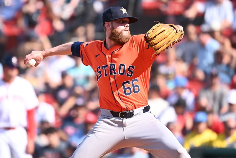 Aug 11, 2024; Boston, Massachusetts, USA; Houston Astros pitcher Shawn Dubin (66) pitches against the Boston Red Sox during the ninth inning at Fenway Park. Mandatory Credit: Eric Canha-USA TODAY Sports