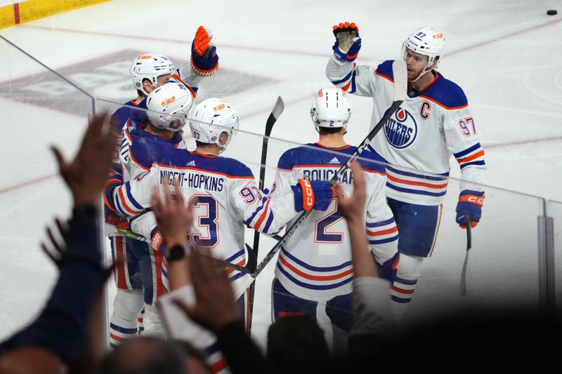 Feb 19, 2024; Tempe, Arizona, USA; Edmonton Oilers center Leon Draisaitl (29) celebrates a goal against the Arizona Coyotes during the first period at Mullett Arena. Mandatory Credit: Joe Camporeale-USA TODAY Sports