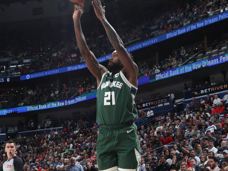 NEW ORLEANS, LA - MARCH 28: Patrick Beverley #21 of the Milwaukee Bucks shoots a 3-point basket during the game  on March 28, 2024 at the Smoothie King Center in New Orleans, Louisiana. NOTE TO USER: User expressly acknowledges and agrees that, by downloading and or using this Photograph, user is consenting to the terms and conditions of the Getty Images License Agreement. Mandatory Copyright Notice: Copyright 2024 NBAE (Photo by Layne Murdoch Jr./NBAE via Getty Images)