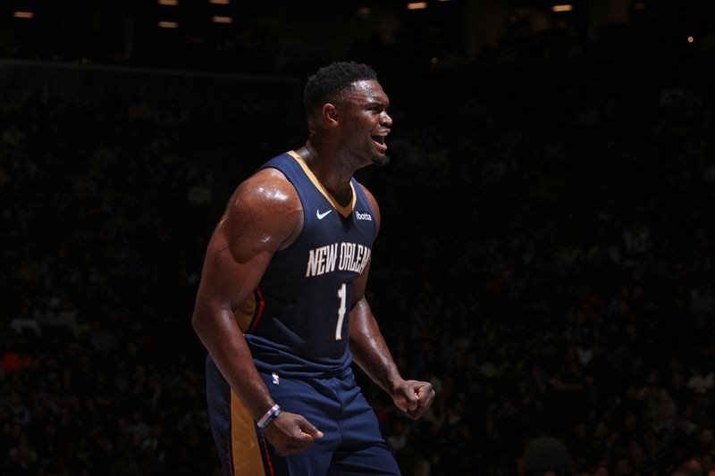 BROOKLYN, NY - MARCH 19: Zion Williamson #1 of the New Orleans Pelicans celebrates during the game against the Brooklyn Nets on March 19, 2024 at Barclays Center in Brooklyn, New York. NOTE TO USER: User expressly acknowledges and agrees that, by downloading and or using this Photograph, user is consenting to the terms and conditions of the Getty Images License Agreement. Mandatory Copyright Notice: Copyright 2024 NBAE (Photo by Nathaniel S. Butler/NBAE via Getty Images)