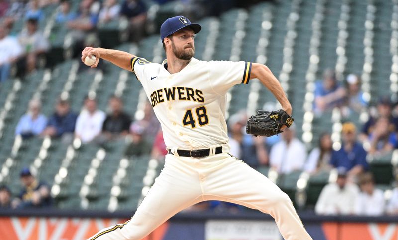 May 23, 2023; Milwaukee, Wisconsin, USA; Milwaukee Brewers starting pitcher Colin Rea (48) delivers a pitch against the Houston Astros in the first inning at American Family Field. Mandatory Credit: Michael McLoone-USA TODAY Sports