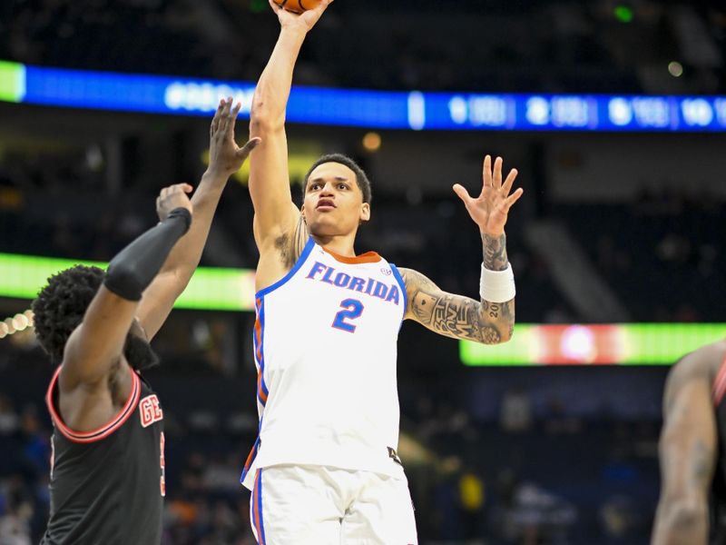 Mar 14, 2024; Nashville, TN, USA;  Florida Gators guard Riley Kugel (2) shoots against the Georgia Bulldogs during the second half at Bridgestone Arena. Mandatory Credit: Steve Roberts-USA TODAY Sports