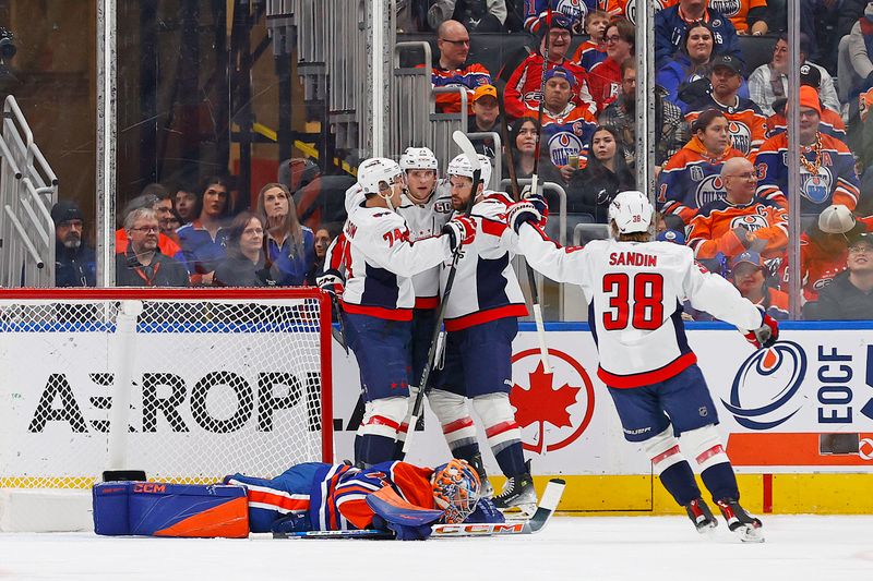 Jan 21, 2025; Edmonton, Alberta, CAN; The Washington Capitals celebrate a goal by forward Tom Wilson (43) during the first period against the Edmonton Oilers at Rogers Place. Mandatory Credit: Perry Nelson-Imagn Images