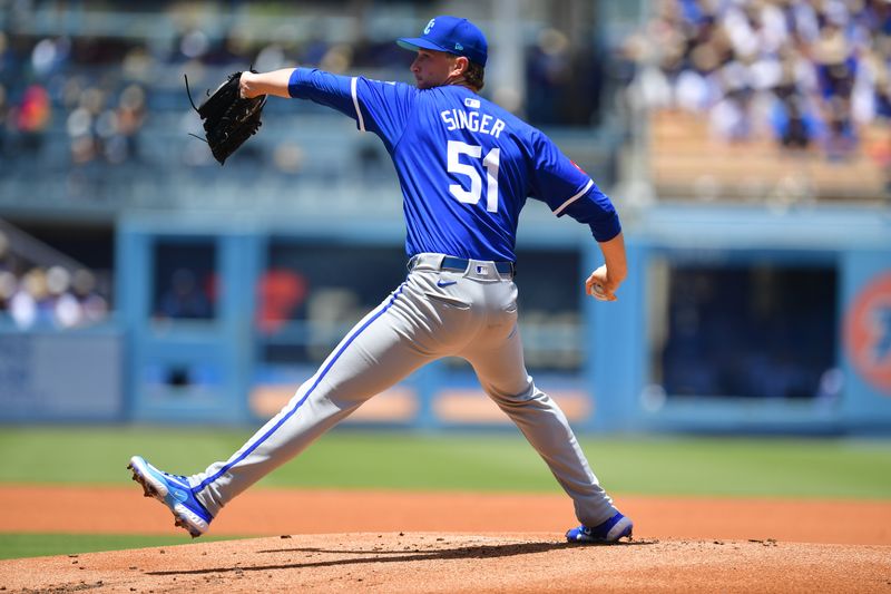 Jun 16, 2024; Los Angeles, California, USA; Kansas City Royals pitcher Brady Singer (51) throws against the Los Angeles Dodgers during the first inning at Dodger Stadium. Mandatory Credit: Gary A. Vasquez-USA TODAY Sports