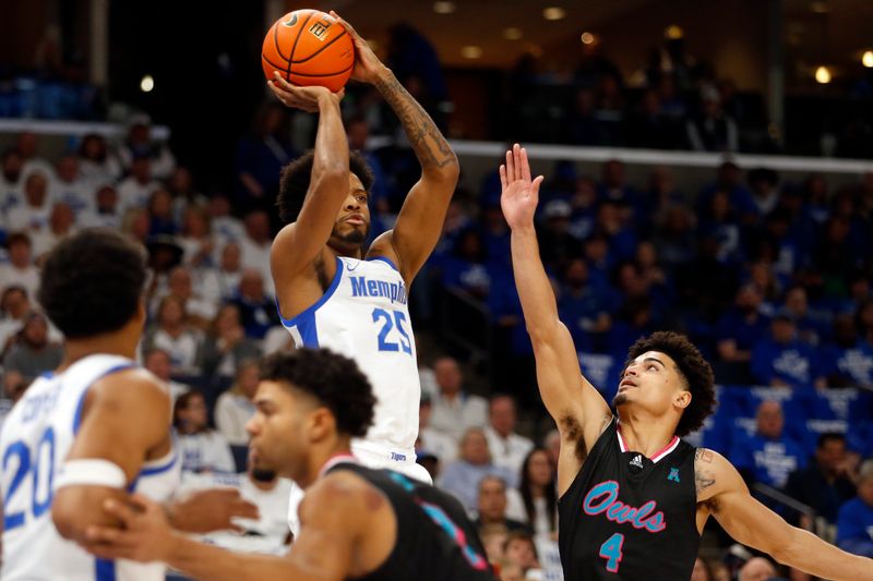 Feb 25, 2024; Memphis, Tennessee, USA; Memphis Tigers guard Jayden Hardaway (25) shoots as Florida Atlantic Owls guard Bryan Greenlee (4) defends during the first half at FedExForum. Mandatory Credit: Petre Thomas-USA TODAY Sports