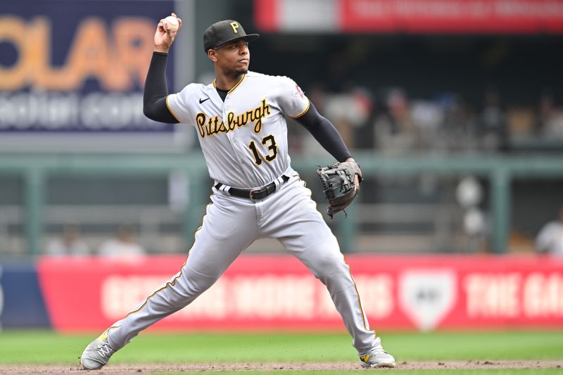 Aug 20, 2023; Minneapolis, Minnesota, USA; Pittsburgh Pirates third baseman Ke'Bryan Hayes (13) makes a putout against the Minnesota Twins during the third inning at Target Field. Mandatory Credit: Jeffrey Becker-USA TODAY Sports