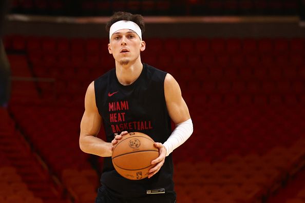 MIAMI, FLORIDA - NOVEMBER 01: Tyler Herro #14 of the Miami Heat warms up prior to a game against the Brooklyn Nets at Kaseya Center on November 01, 2023 in Miami, Florida. NOTE TO USER: User expressly acknowledges and agrees that, by downloading and or using this photograph, User is consenting to the terms and conditions of the Getty Images License Agreement. (Photo by Megan Briggs/Getty Images)