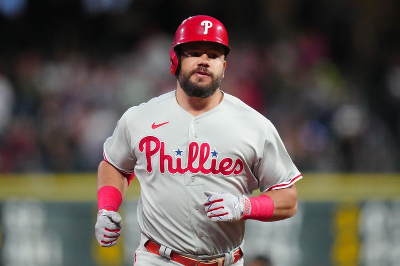 May 12, 2023; Denver, Colorado, USA; Philadelphia Phillies catcher Garrett Stubbs (21) runs off a two run home run in the seventh inning against the Colorado Rockies at Coors Field. Mandatory Credit: Ron Chenoy-USA TODAY Sports