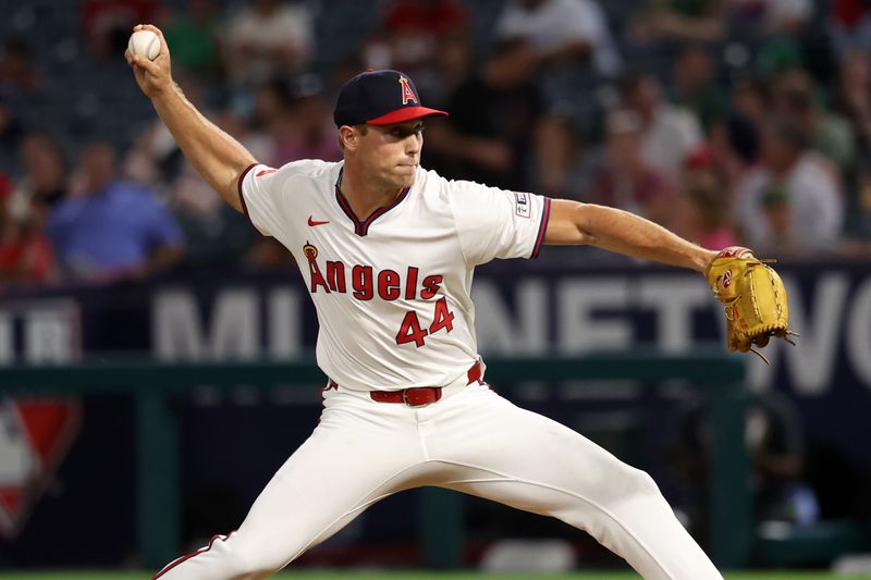 Jul 25, 2024; Anaheim, California, USA;  Los Angeles Angels relief pitcher Ben Joyce (44) pitches during the seventh inning against the Oakland Athletics at Angel Stadium. Mandatory Credit: Kiyoshi Mio-USA TODAY Sports