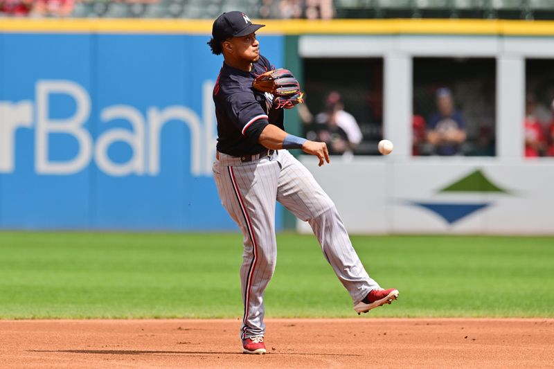 Sep 6, 2023; Cleveland, Ohio, USA; Minnesota Twins second baseman Jorge Polanco (11) throws out Cleveland Guardians left fielder Steven Kwan (not pictured) during the first inning at Progressive Field. Mandatory Credit: Ken Blaze-USA TODAY Sports