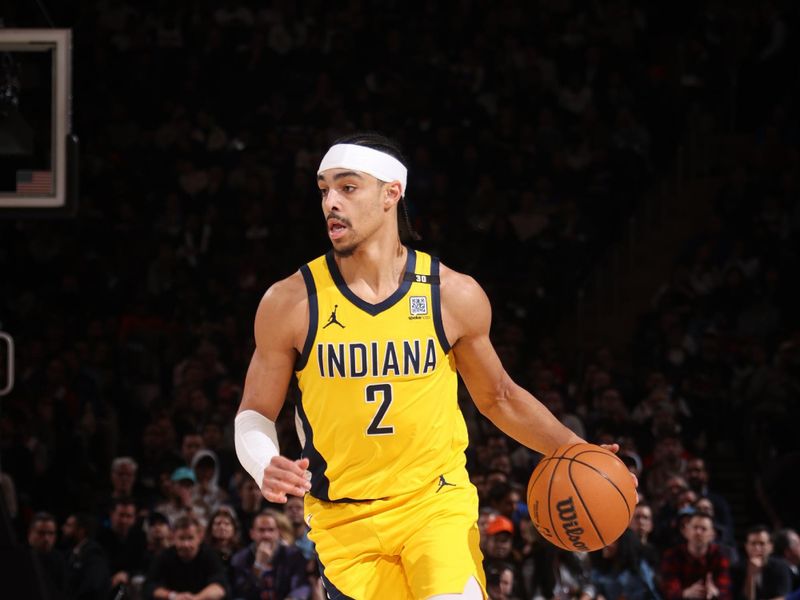 NEW YORK, NY - FEBRUARY 1: Andrew Nembhard #2 of the Indiana Pacers dribbles the ball during the game against the New York Knicks on February 1, 2024 at Madison Square Garden in New York City, New York.  NOTE TO USER: User expressly acknowledges and agrees that, by downloading and or using this photograph, User is consenting to the terms and conditions of the Getty Images License Agreement. Mandatory Copyright Notice: Copyright 2024 NBAE  (Photo by Nathaniel S. Butler/NBAE via Getty Images)