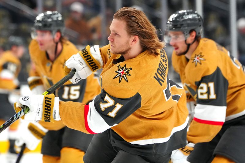 Oct 26, 2024; Las Vegas, Nevada, USA; Vegas Golden Knights center William Karlsson (71) warms up before a game against the San Jose Sharks at T-Mobile Arena. Mandatory Credit: Stephen R. Sylvanie-Imagn Images