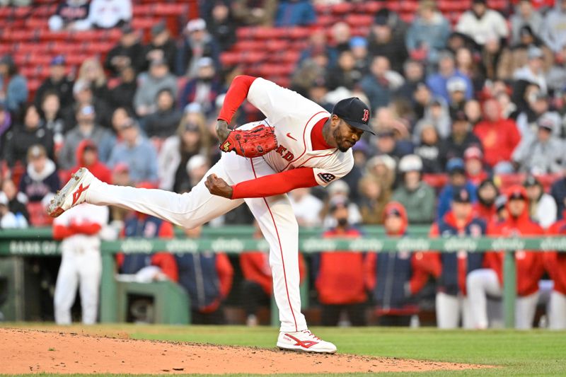 Apr 10, 2025; Boston, Massachusetts, USA; Boston Red Sox relief pitcher Aroldis Chapman (44) pitches against the Toronto Blue Jays during the ninth inning at Fenway Park. Mandatory Credit: Eric Canha-Imagn Images