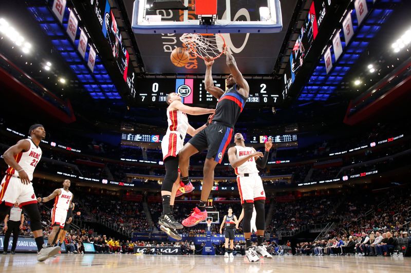 DETROIT, MI - MARCH 15: Ausar Thompson #9 of the Detroit Pistons dunks the ball during the game against the Miami Heat on March 15, 2024 at Little Caesars Arena in Detroit, Michigan. NOTE TO USER: User expressly acknowledges and agrees that, by downloading and/or using this photograph, User is consenting to the terms and conditions of the Getty Images License Agreement. Mandatory Copyright Notice: Copyright 2024 NBAE (Photo by Brian Sevald/NBAE via Getty Images)