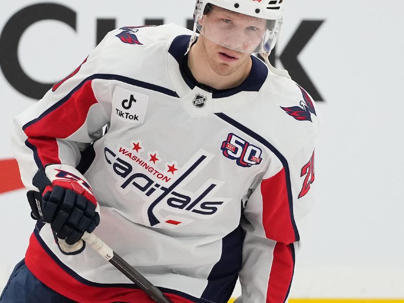 Dec 6, 2024; Toronto, Ontario, CAN;  Washington Capitals center Lars Eller (20) skates during the warmup before a game against the Toronto Maple Leafs at Scotiabank Arena. Mandatory Credit: Nick Turchiaro-Imagn Images