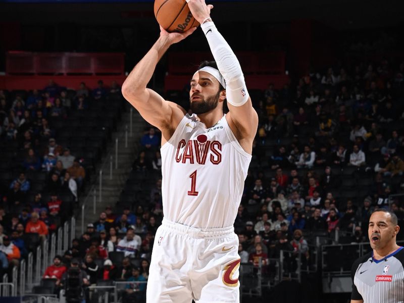 DETROIT, MI - FEBRUARY 5: Max Strus #1 of the Cleveland Cavaliers three point basket during the game against the Detroit Pistons on February 5, 2025 at Little Caesars Arena in Detroit, Michigan. NOTE TO USER: User expressly acknowledges and agrees that, by downloading and/or using this photograph, User is consenting to the terms and conditions of the Getty Images License Agreement. Mandatory Copyright Notice: Copyright 2025 NBAE (Photo by Chris Schwegler/NBAE via Getty Images)