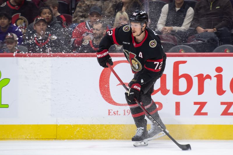 Dec 8, 2024; Ottawa, Ontario, CAN; Ottawa Senators defenseman Thomas Chabot (72) shoots the puck in the second period against the New York Islanders at the Canadian Tire Centre. Mandatory Credit: Marc DesRosiers-Imagn Images