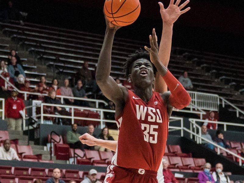 Feb 23, 2023; Stanford, California, USA;  Washington State Cougars forward Mouhamed Gueye (35) shoots the ball against against the Stanford Cardinal during the second half at Maples Pavilion. Mandatory Credit: Neville E. Guard-USA TODAY Sports