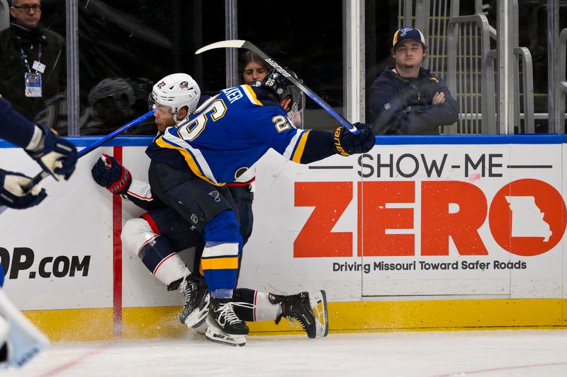 Oct 1, 2024; St. Louis, Missouri, USA;  St. Louis Blues left wing Nathan Walker (26) checks Columbus Blue Jackets defenseman Jordan Harris (22) during the second period at Enterprise Center. Mandatory Credit: Jeff Curry-Imagn Images