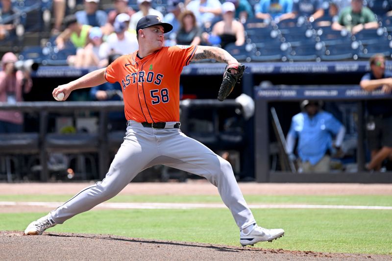 May 21, 2025; St. Petersburg, Florida, USA; Houston Astros starting pitcher Hunter Brown (58) throws a pitch in the first inning against the Tampa Bay Rays  at George M. Steinbrenner Field. Mandatory Credit: Jonathan Dyer-Imagn Images
