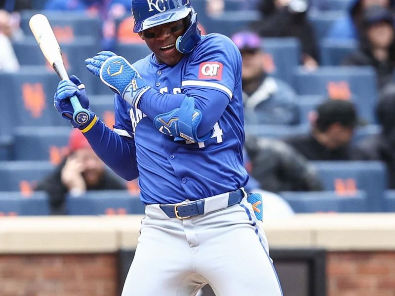 Apr 13, 2024; New York City, New York, USA;  Kansas City Royals left fielder Dairon Blanco (44) reacts after getting hit by a pitch in the sixth inning against the New York Mets at Citi Field. Mandatory Credit: Wendell Cruz-USA TODAY Sports