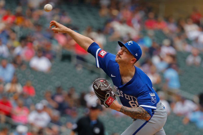 Aug 14, 2024; Minneapolis, Minnesota, USA; Kansas City Royals relief pitcher Lucas Erceg (60) throws against the Minnesota Twins in the ninth inning at Target Field. Mandatory Credit: Bruce Kluckhohn-USA TODAY Sports