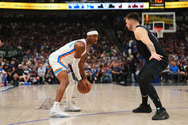 DALLAS, TX - MAY 18: Shai Gilgeous-Alexander #2 of the Oklahoma City Thunder handles the ball during the game against the Dallas Mavericks during Round 2 Game 6 of the 2024 NBA Playoffs on May 18, 2024 at the American Airlines Center in Dallas, Texas. NOTE TO USER: User expressly acknowledges and agrees that, by downloading and or using this photograph, User is consenting to the terms and conditions of the Getty Images License Agreement. Mandatory Copyright Notice: Copyright 2024 NBAE (Photo by Cooper Neill/NBAE via Getty Images)