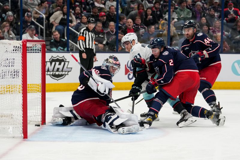 Mar 3, 2023; Columbus, Ohio, USA; Seattle Kraken center Alex Wennberg (21) scores a goal during the third period against the Columbus Blue Jackets  at Nationwide Arena. Mandatory Credit: Jason Mowry-USA TODAY Sports