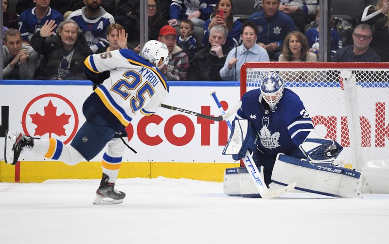 Jan 3, 2023; Toronto, Ontario, CAN; Toronto Maple Leafs goalie Ilya Samsonov (35) makes a glove save on a shot from St. Louis Blues forward Jordan Kyrou (25) in overtime at Scotiabank Arena. Mandatory Credit: Dan Hamilton-USA TODAY Sports