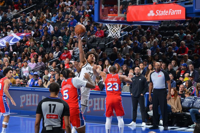 PHILADELPHIA, PA - NOVEMBER 22: Jalen Wilson #22 of the Brooklyn Nets drives to the basket during the game against the Philadelphia 76ers during the Emirates NBA Cup game on November 22, 2024 at the Wells Fargo Center in Philadelphia, Pennsylvania NOTE TO USER: User expressly acknowledges and agrees that, by downloading and/or using this Photograph, user is consenting to the terms and conditions of the Getty Images License Agreement. Mandatory Copyright Notice: Copyright 2024 NBAE (Photo by Jesse D. Garrabrant/NBAE via Getty Images)