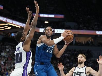 MINNEAPOLIS, MN -  NOVEMBER 24:  Troy Brown Jr. #23 of the Minnesota Timberwolves drives to the basket during the game against the Sacramento Kings during the In-Season Tournament on November 24, 2023 at Target Center in Minneapolis, Minnesota. NOTE TO USER: User expressly acknowledges and agrees that, by downloading and or using this Photograph, user is consenting to the terms and conditions of the Getty Images License Agreement. Mandatory Copyright Notice: Copyright 2023 NBAE (Photo by Jordan Johnson/NBAE via Getty Images)